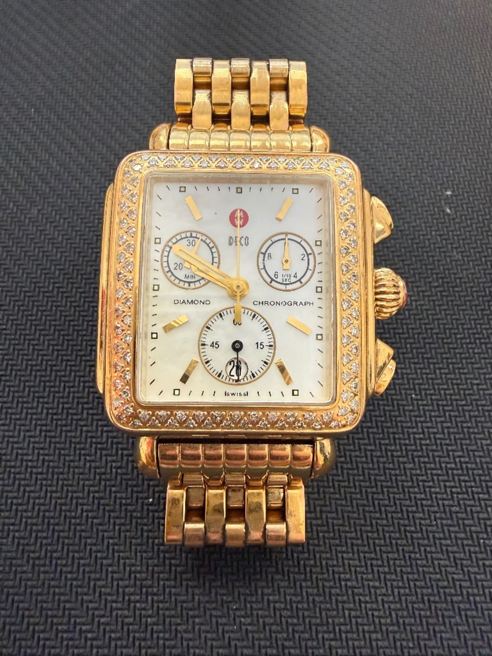 Michele Deco Diamond Chronograph Gold-Tone Swiss Watch Mother of Pearl